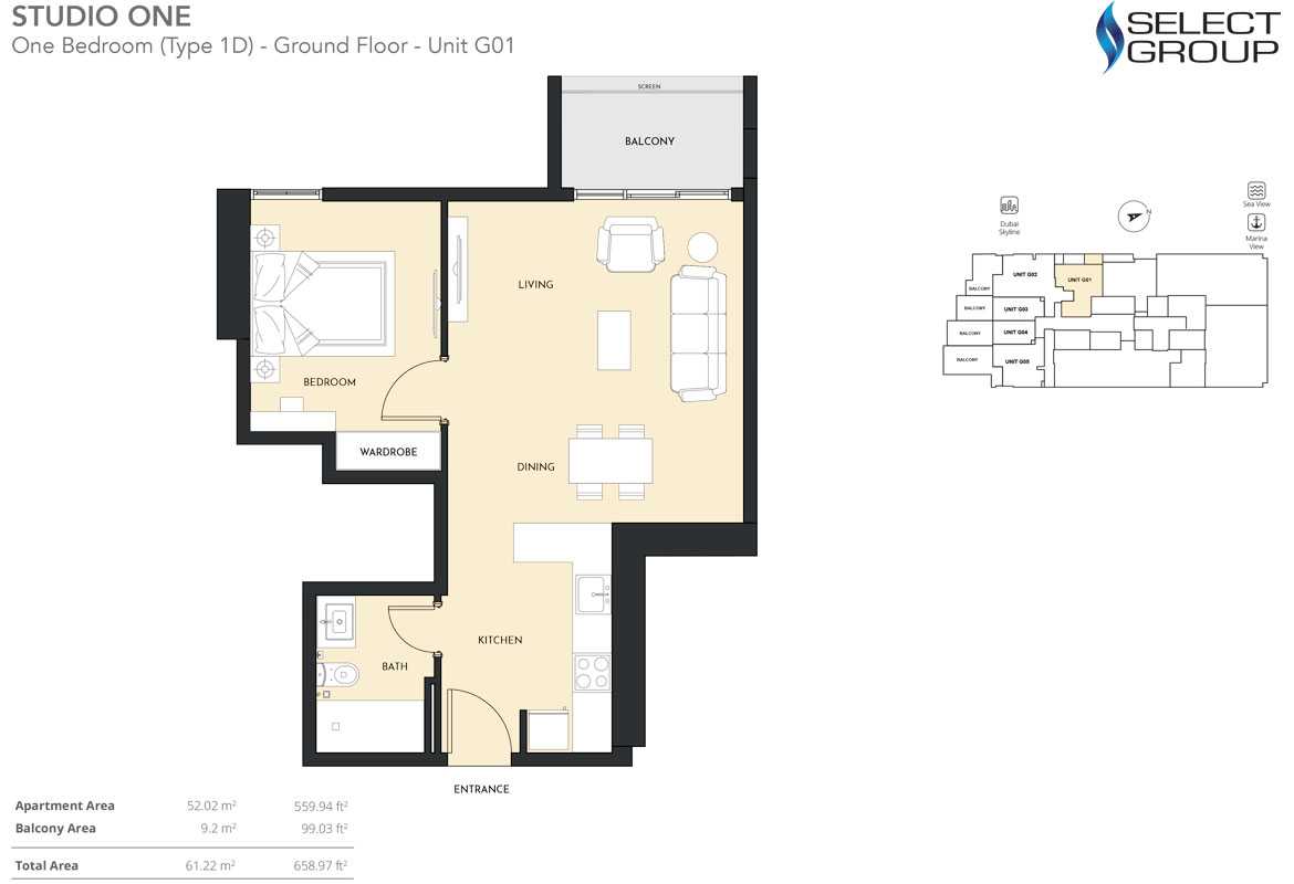 1 Bedroom, Type 1D - Ground Floor - Unit G01, Size 658.97 sq ft
